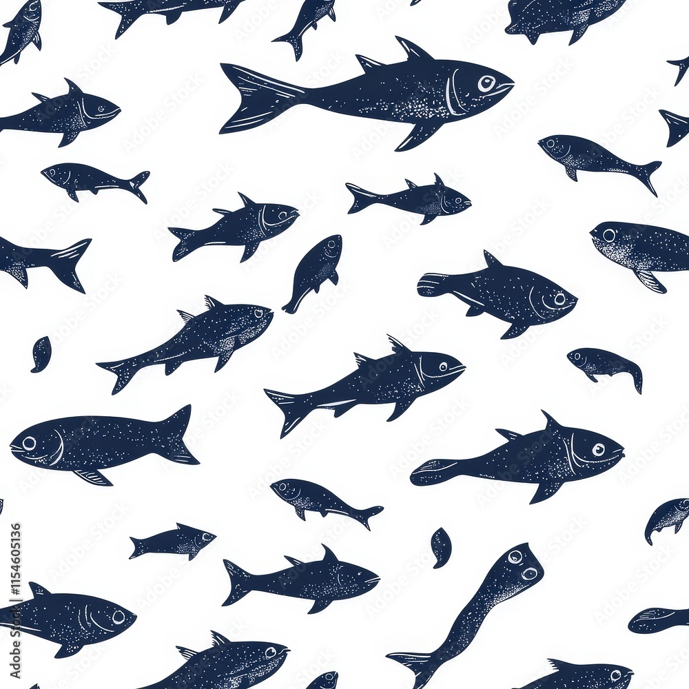 A blue and white fish pattern with many different types of fish A blue and white fish pattern with many different types of fish