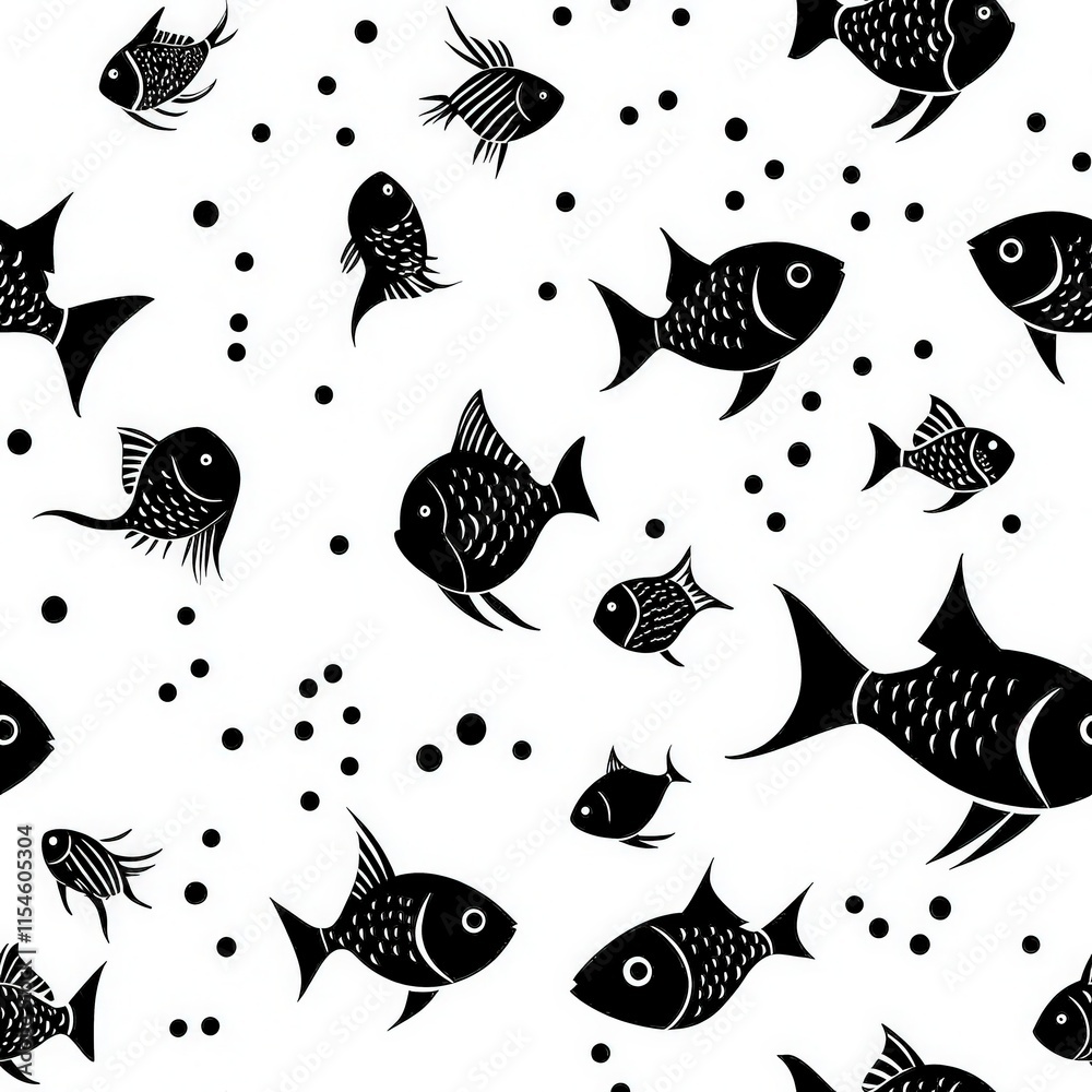 A black and white fish pattern with many fish swimming in the water A black and white fish pattern with many fish swimming in the water