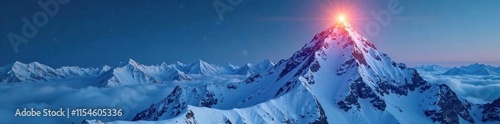 Snowy mountain summit with a glowing orb on its tip, bright, snowy, illuminating