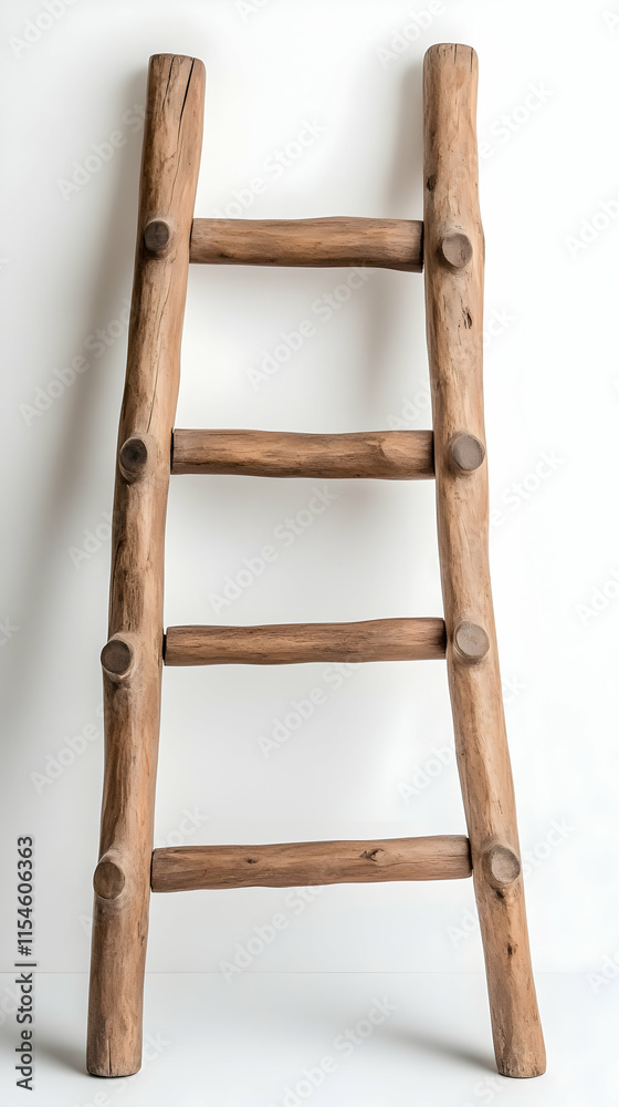 Rustic Wooden Ladder Against White Background, Home Decor, Studio Shot. Rustic Wooden Ladder Against White Background, Home Decor, Studio Shot.