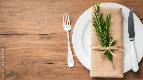 Rustic table setting with rosemary garnish on wooden background, ideal for restaurant menu or Thanksgiving invitation.