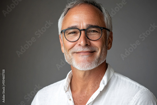 A man with glasses smiling at the camera. photo