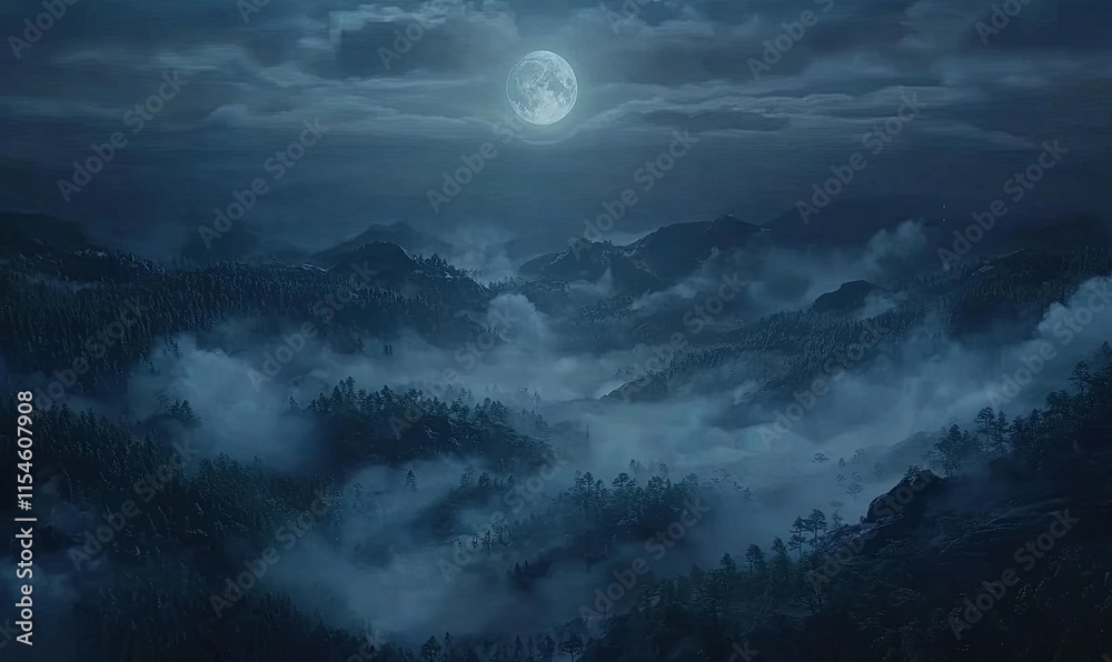 A full moon illuminates a misty, mountainous landscape at night.