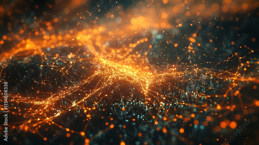 Obraz premium Abstract visualization of interconnected data points and networks in glowing orange.