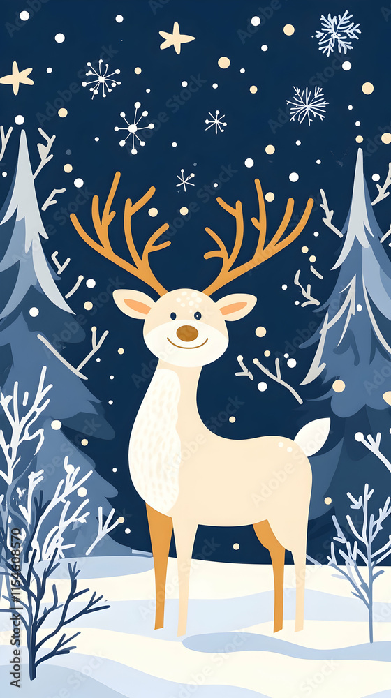 Smiling reindeer winter wonderland snowy forest Christmas card design. Smiling reindeer winter wonderland snowy forest Christmas card design.