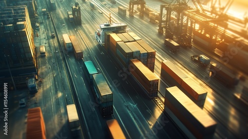 Aerial view of a busy shipping port with containers and cranes at sunset. photo