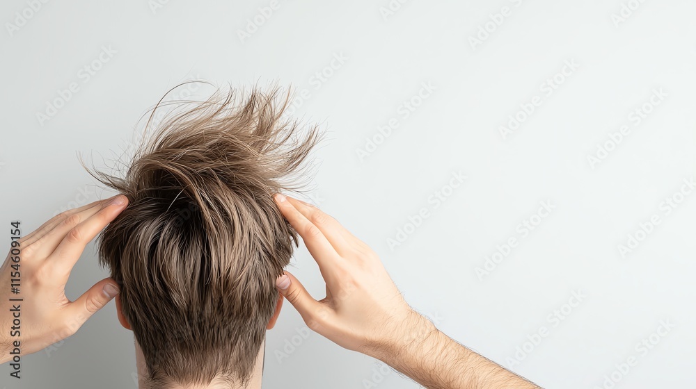 Person styling messy hair, hands on head, modern lifestyle concept. Person styling messy hair, hands on head, modern lifestyle concept.