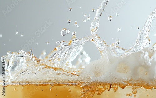 Refreshing splash of a cold beverage with fizzy bubbles and droplets in motion.