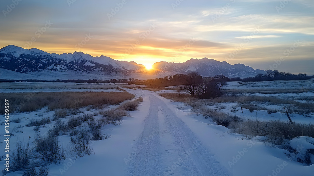Snowy road sunset, mountain range background, winter landscape, travel photography. Snowy road sunset, mountain range background, winter landscape, travel photography.