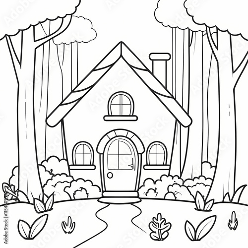 Cute kids coloring page. Landscape with house, trees, bushes, field and road. Vector hand-drawn illustration in doodle style. Cartoon coloring book for children. photo