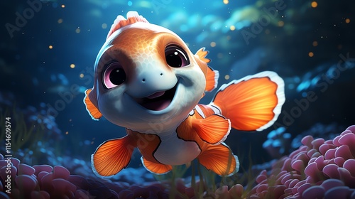 Adorable cartoon clownfish swimming.