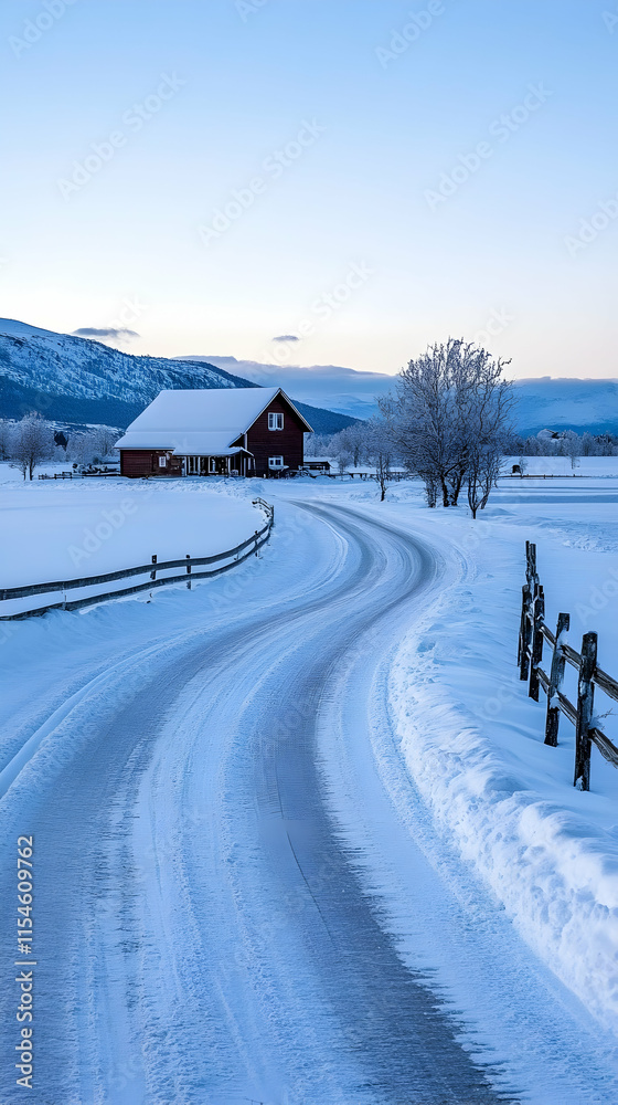 Snowy winding road leads to red barn, mountain backdrop, winter landscape, idyllic postcard. Snowy winding road leads to red barn, mountain backdrop, winter landscape, idyllic postcard.