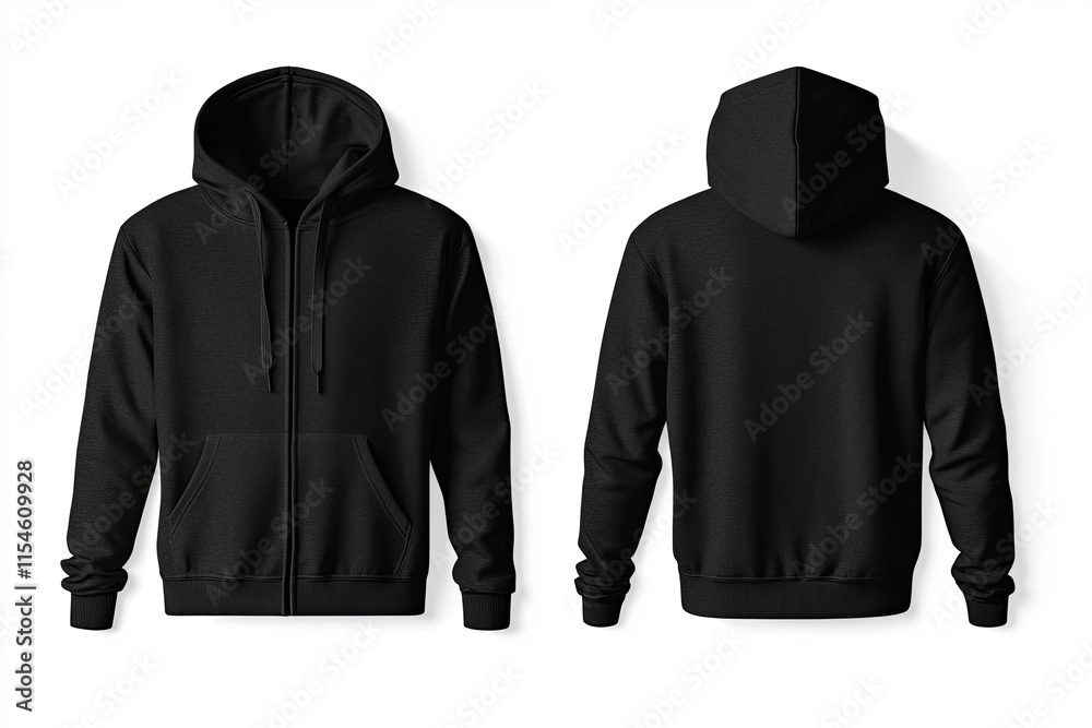 Black zip-up hoodie mockup, front and back views, isolated on white background. Black zip-up hoodie mockup, front and back views, isolated on white background.