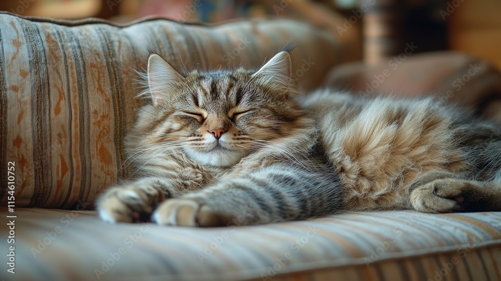 Fluffy tabby cat sleeping peacefully on a striped couch. Fluffy tabby cat sleeping peacefully on a striped couch.