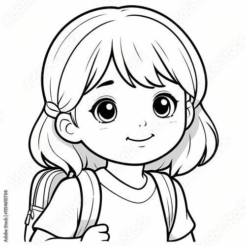 Cute Girl Coloring Page For Kids. Girl Student Coloring Book Printable. Cute Girl Cartoon Holding Book Illustration Design On White Background