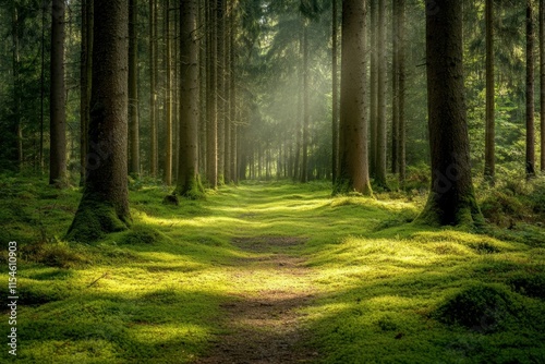 A serene forest path illuminated by soft sunlight through trees.