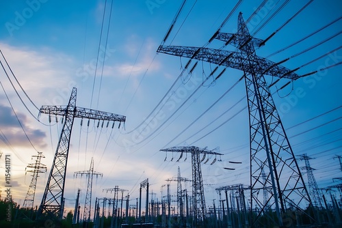 Power Transmission Towers at Sunset. Concept of Energy, Infrastructure, and Technology.