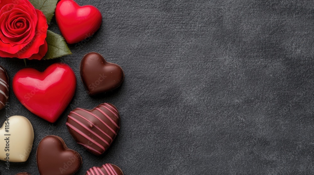 A romantic arrangement of heart-shaped chocolates and a red rose against a dark background, perfect for special occasions like Valentine's Day. A romantic arrangement of heart-shaped chocolates and a red rose against a dark background, perfect for special occasions like Valentine's Day.