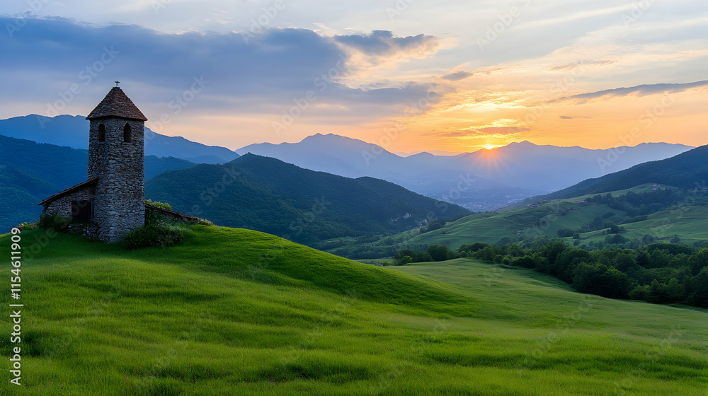 Sunset over Italian Alps; ancient stone chapel on hilltop; peaceful landscape; travel postcard. Sunset over Italian Alps; ancient stone chapel on hilltop; peaceful landscape; travel postcard.
