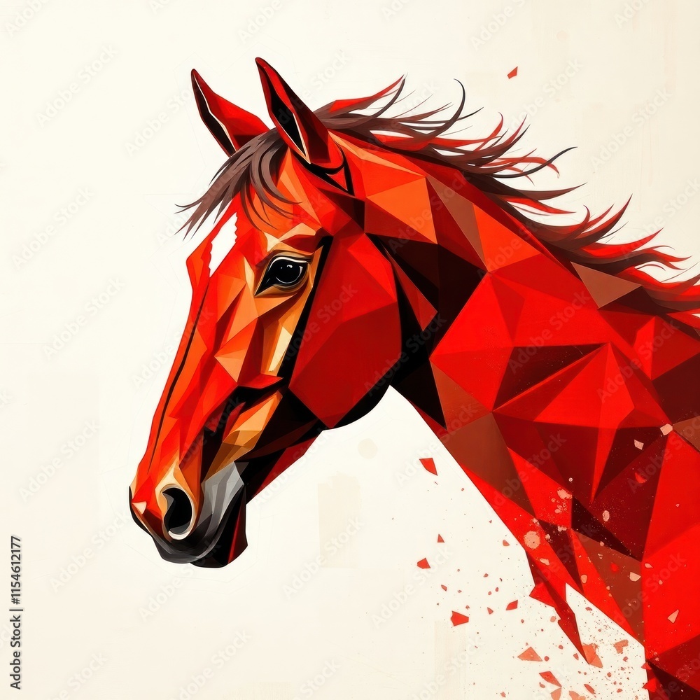 Obraz premium A stylized geometric illustration of a red horse's head with dynamic lines and shapes.