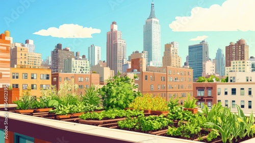 A vibrant rooftop garden with city skyline in the background.