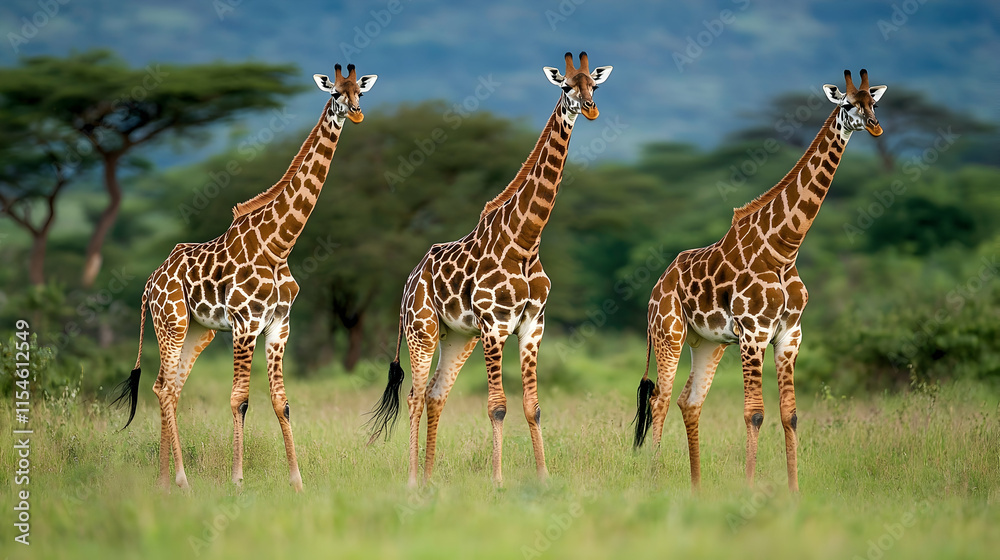 Three giraffes stand in African savanna, trees background, wildlife photo for travel brochures. Three giraffes stand in African savanna, trees background, wildlife photo for travel brochures.