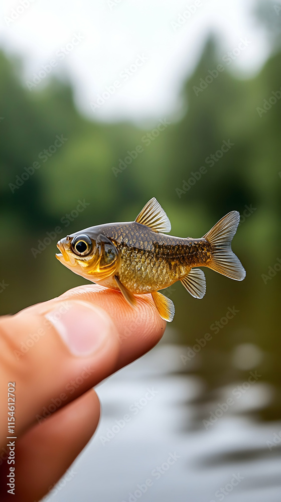 Fototapeta premium Tiny fish held on finger, river background, nature photography, aquatic life stock photo.
