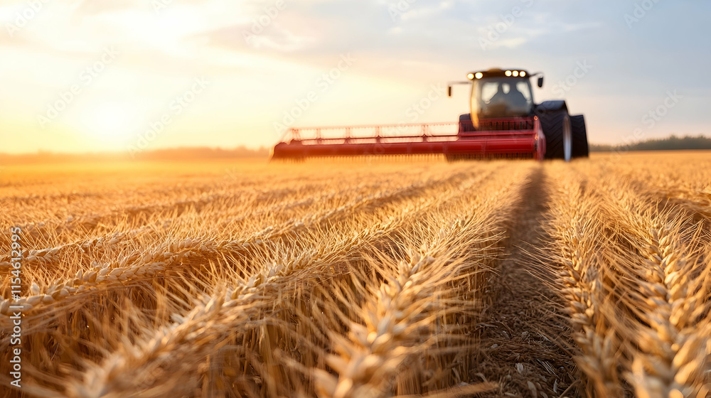 Fototapeta premium Tractor Harvesting Wheat Field at Sunset; Agricultural Industry.