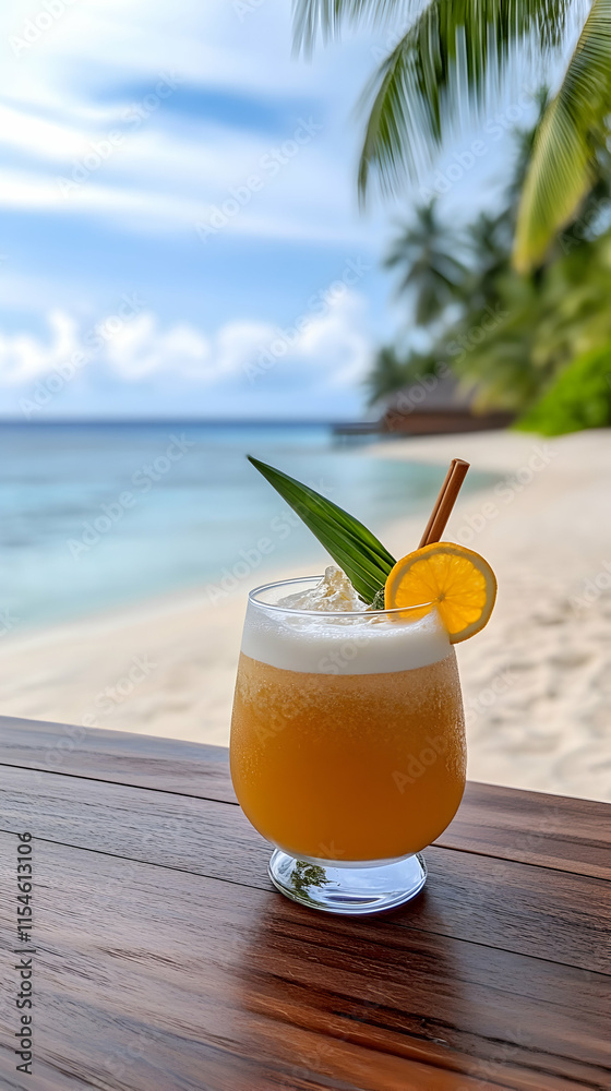 Obraz premium Tropical Beach Cocktail Refreshing drink on wooden bar, palm trees & ocean background, perfect for travel ads.