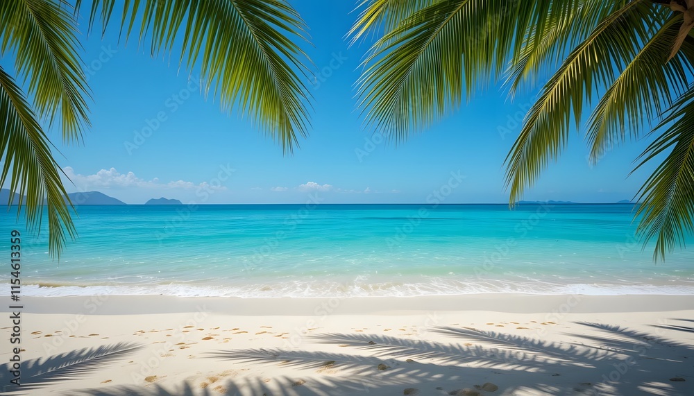 Fototapeta premium Tropical beach with palm trees during a sunny day . Ai Generated