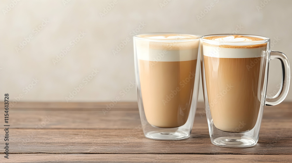 Two Latte Macchiatos on Wooden Table, Cafe Background. Two Latte Macchiatos on Wooden Table, Cafe Background.
