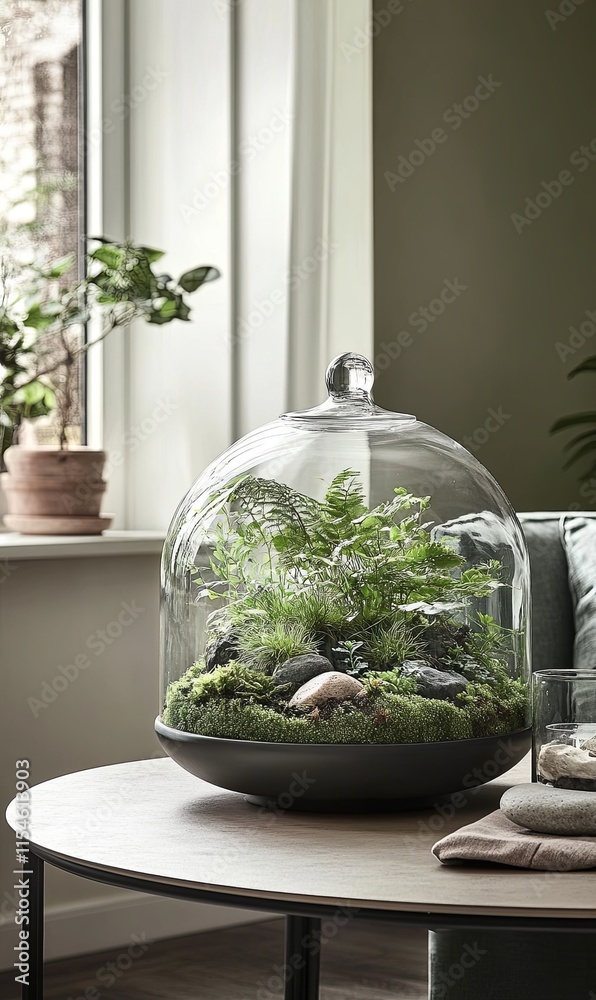Glass dome terrarium with fern, moss, and stones on a round table near window. Glass dome terrarium with fern, moss, and stones on a round table near window.