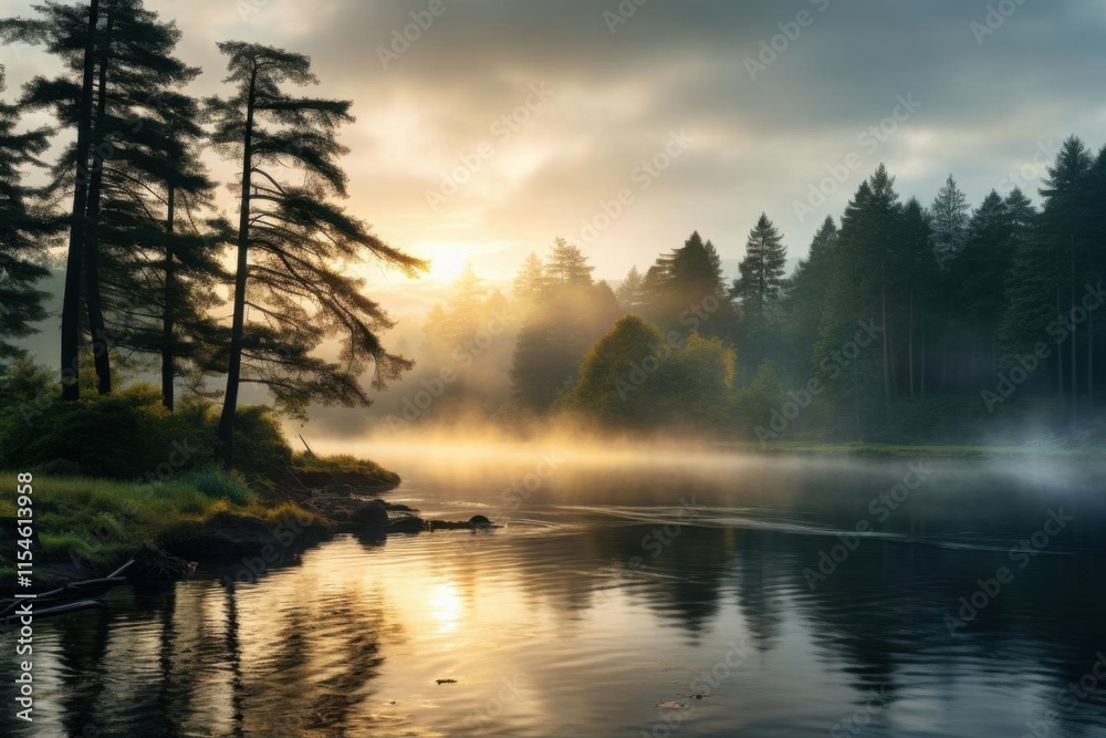 Fototapeta premium Serene lakeside scene with mist and trees at sunrise.