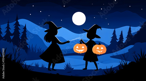 Two witches with jack-o'-lanterns, Halloween night, forest background, spooky illustration. photo