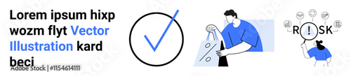 Wallpaper Mural Central checkmark icon, man carrying shopping bags, woman analyzing risk factors as part of diverse theme concepts. Ideal for business, marketing, finance, education, presentations, e-commerce Torontodigital.ca