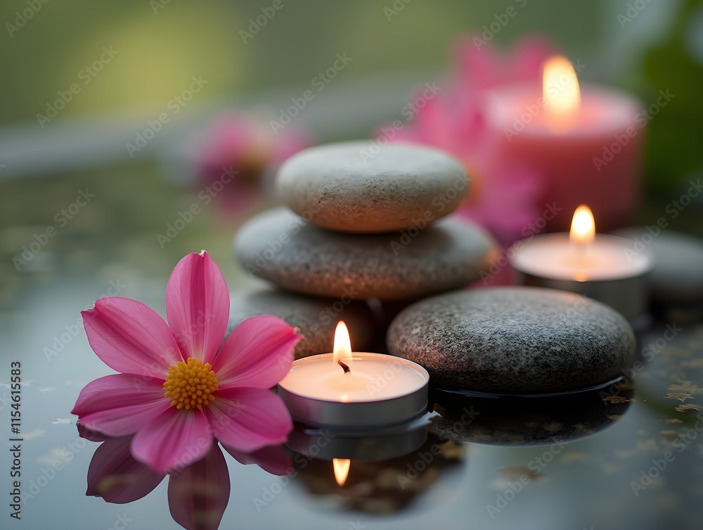Spa stones and candles in water with pink flowers Spa stones and candles in water with pink flowers