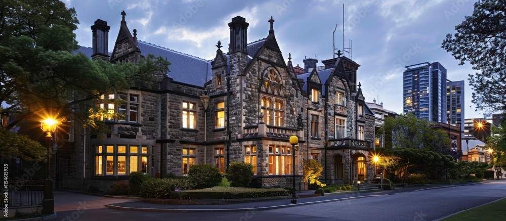 Fototapeta premium Elegant stone mansion at twilight, city backdrop.