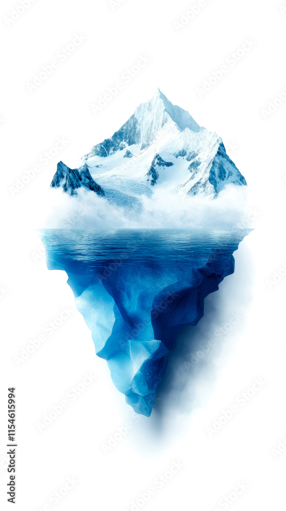 Fototapeta premium A stylized iceberg with a snowy peak and icy blue tones, partially submerged in water, representing the beauty of polar landscapes.