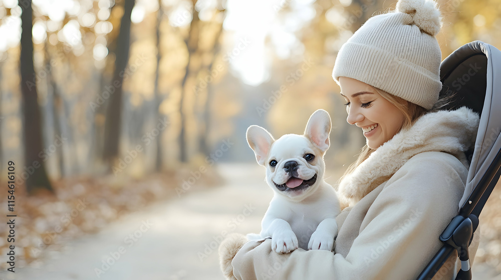 Woman holding French Bulldog puppy, autumn park stroll, baby stroller background, family lifestyle photo. Woman holding French Bulldog puppy, autumn park stroll, baby stroller background, family lifestyle photo.