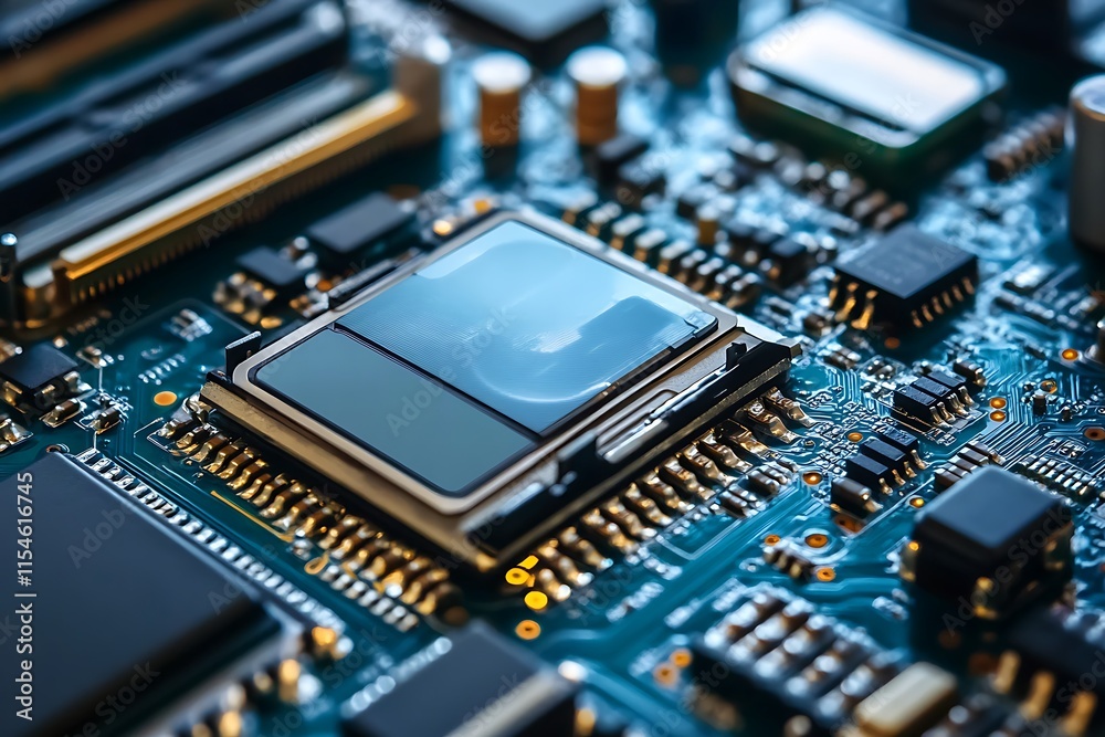 Close up of a computer chip on a circuit board. Concept of technology, innovation, and electronics. Close up of a computer chip on a circuit board. Concept of technology, innovation, and electronics.