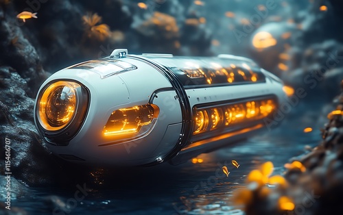 Futuristic submarine exploring vibrant coral reef. photo