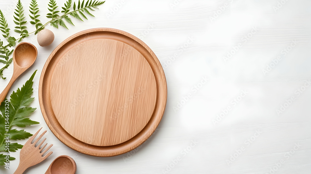 Wooden plate, utensils, ferns on white wood background, food blog, recipe mockup. Wooden plate, utensils, ferns on white wood background, food blog, recipe mockup.
