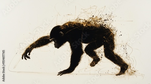 Silhouette of a chimpanzee with golden abstract lines. photo