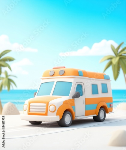 Emergency vehicle passing through tropical beach scene animated style bright colors cartoonish environment fun concept