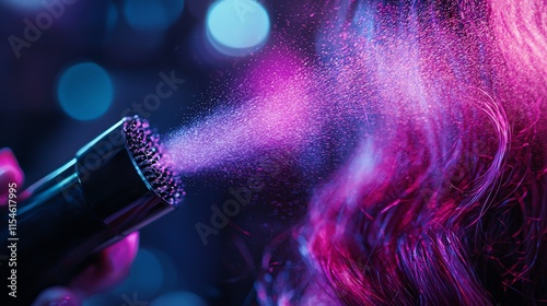 Close-up of hairstylist using spray on vibrant pink hair under colorful lights.