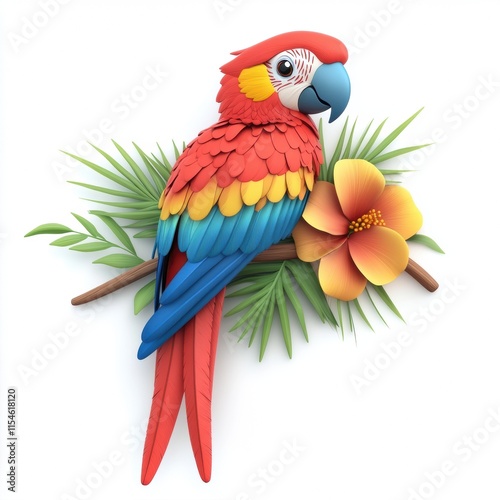 Colorful parrot perched on tropical branch nature scene digital art vibrant environment close-up wildlife concept