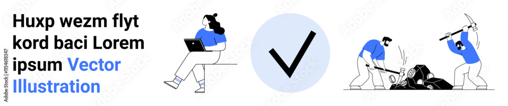 Characters working with tools, reading, and holding a laptop. Includes a large checkmark within a blue circle. Ideal for teamwork, productivity, education, workflow, project management Characters working with tools, reading, and holding a laptop. Includes a large checkmark within a blue circle. Ideal for teamwork, productivity, education, workflow, project management