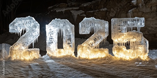 2025 crafted from 3D sparkling ice crystals, each letter suspended by glowing ice threads in a crystal cave, surrounded by towering stalactites and glowing ice formations photo