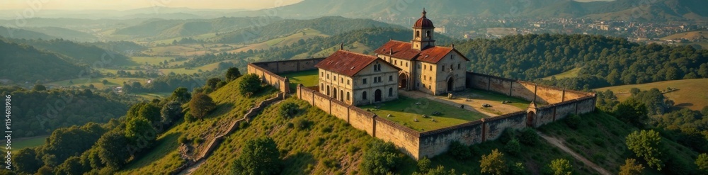 Aerial surveillance of a heavily fortified compound, wall, architecture Aerial surveillance of a heavily fortified compound, wall, architecture