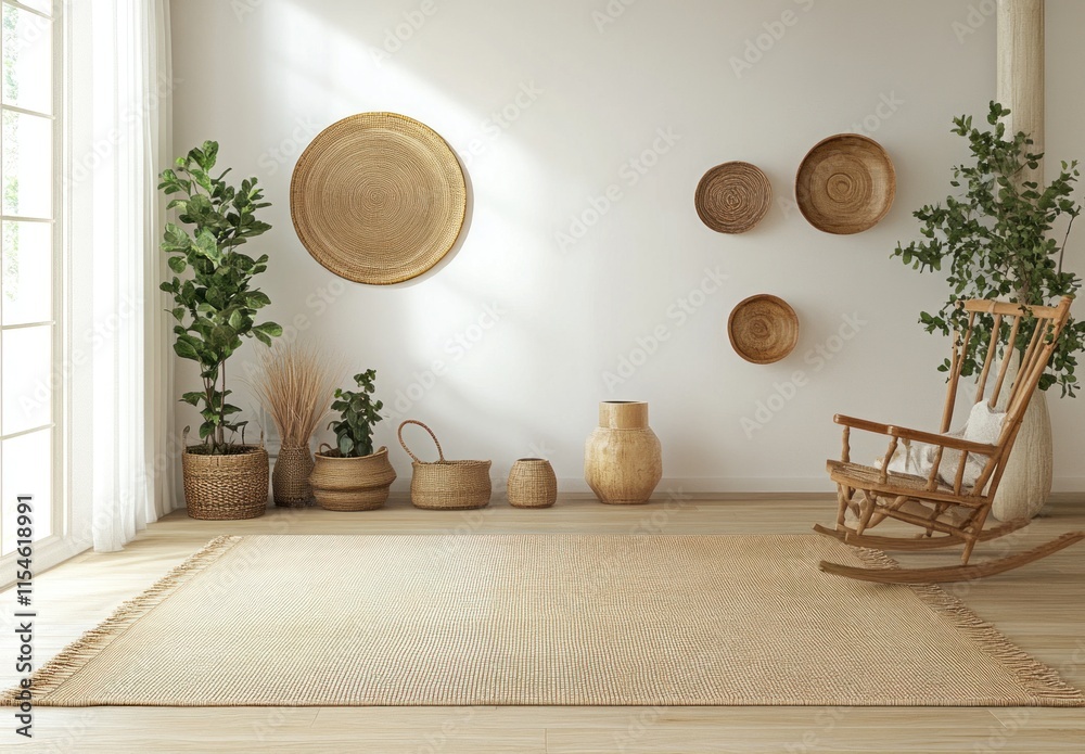 Bright room with rocking chair, plants, and woven baskets. Bright room with rocking chair, plants, and woven baskets.